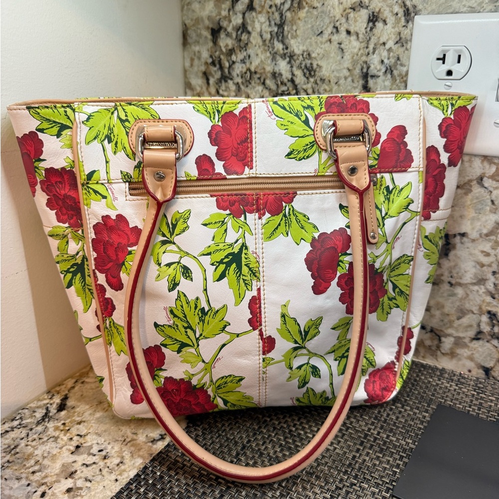 Tignanello Floral Tote in White, Red & Green - Picture 2 of 7